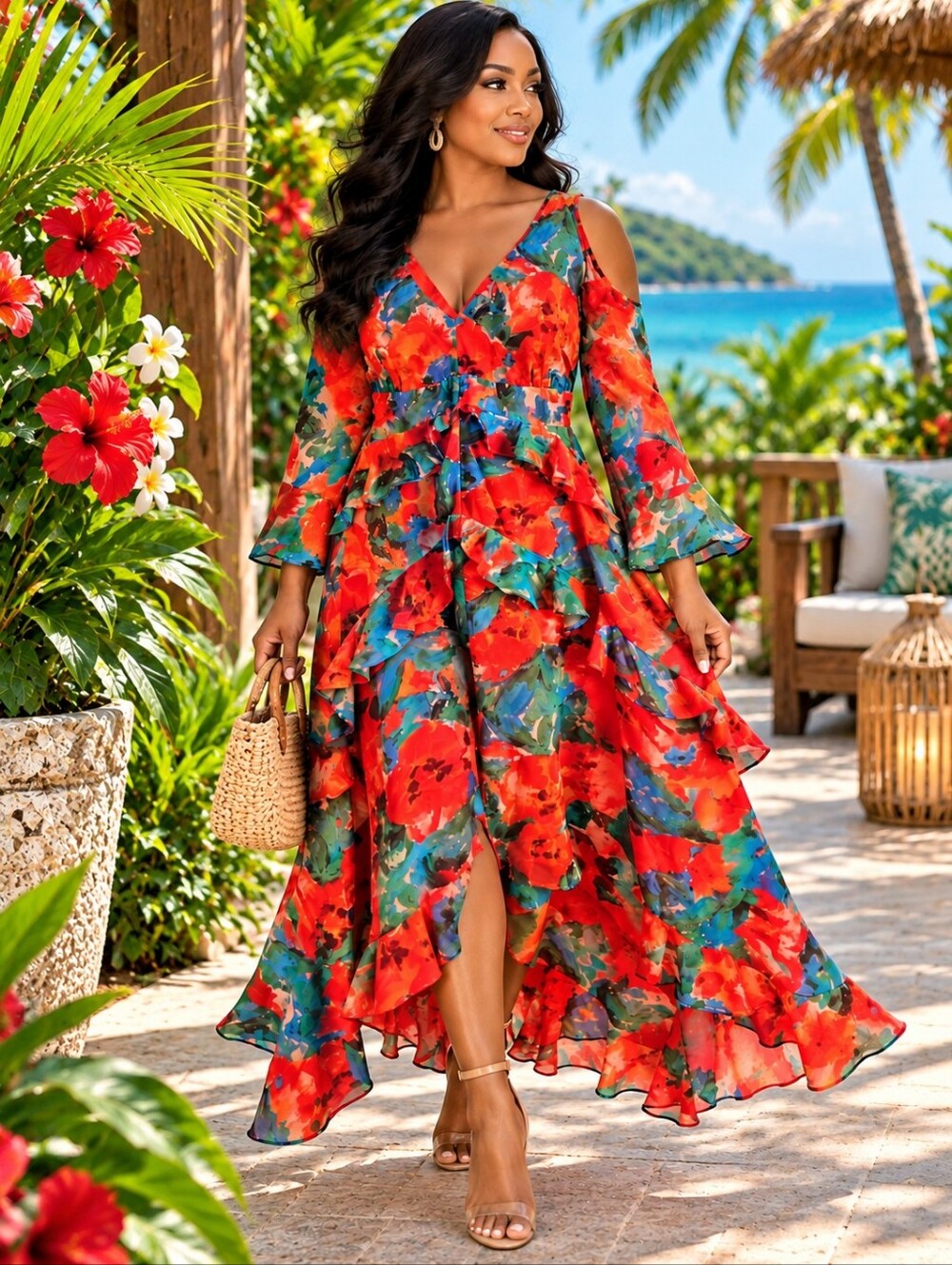 Tahari Red Floral High-Low Ruffle Maxi Dress